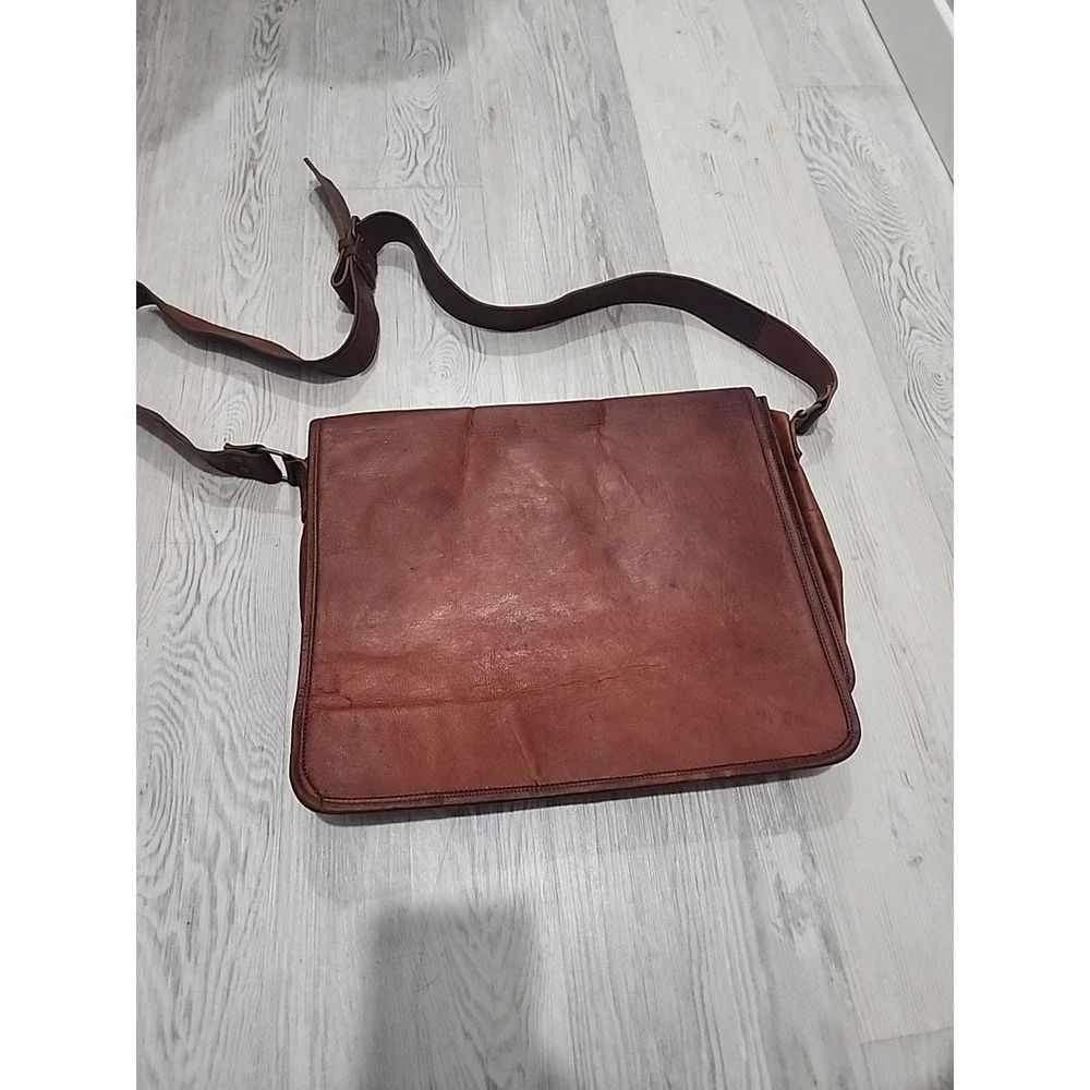 Cognac Brown Leather Portfolio/Laptop Bag Hand Made High Quality With Strap